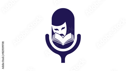 Podcast mic with neutral theatrical mask and book