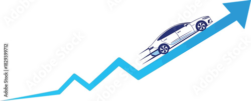 Modern white car driving up a blue arrow, symbolizing growth, progress, and upward trend in business or economy, isolated on white background
