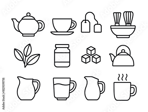 Tea icons: teapot, cups, leaves, sugar, creamers, matcha whisk, tea bag, jar