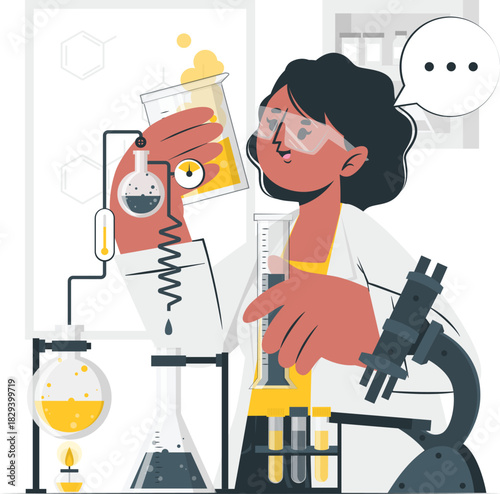 Female scientist performs chemical experiments in a modern laboratory setup icon.