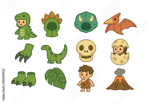 Cartoon dinosaur and prehistoric characters with volcano and skull