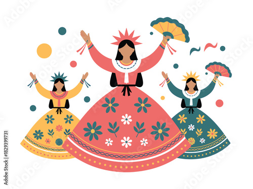 Celebrating Cultural Heritage: A Colorful Illustration of Peruvian Dancers in Traditional Dresses with Floral Patterns and Decorative Fans, Set Against a White Background.