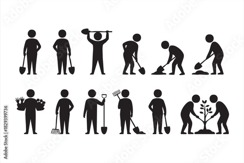 Farming worker silhouettes for field work, shoveling, raking, and crop handling
