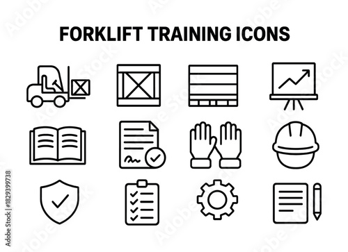 Forklift training icons: safety gear, charts, documents, tools, and equipment