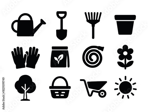 Gardening tools and icons set: watering can, shovel, rake, plant pot, gloves, fertilizer, hose, flower, tree, basket, wheelbarrow, sun