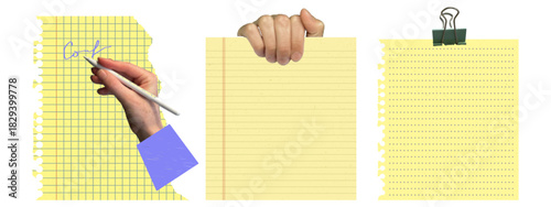Halftone hands with torn notebook paper collage. Yellow sheets, pen and binder clip