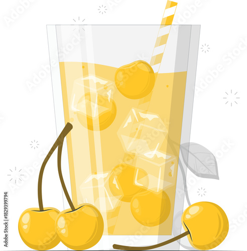 Vibrant illustration of a refreshing yellow beverage, perhaps a lemonade or fruit juice, served in a tall glass with ice cubes and garnished with juicy golden cherries, ideal for summer hydration