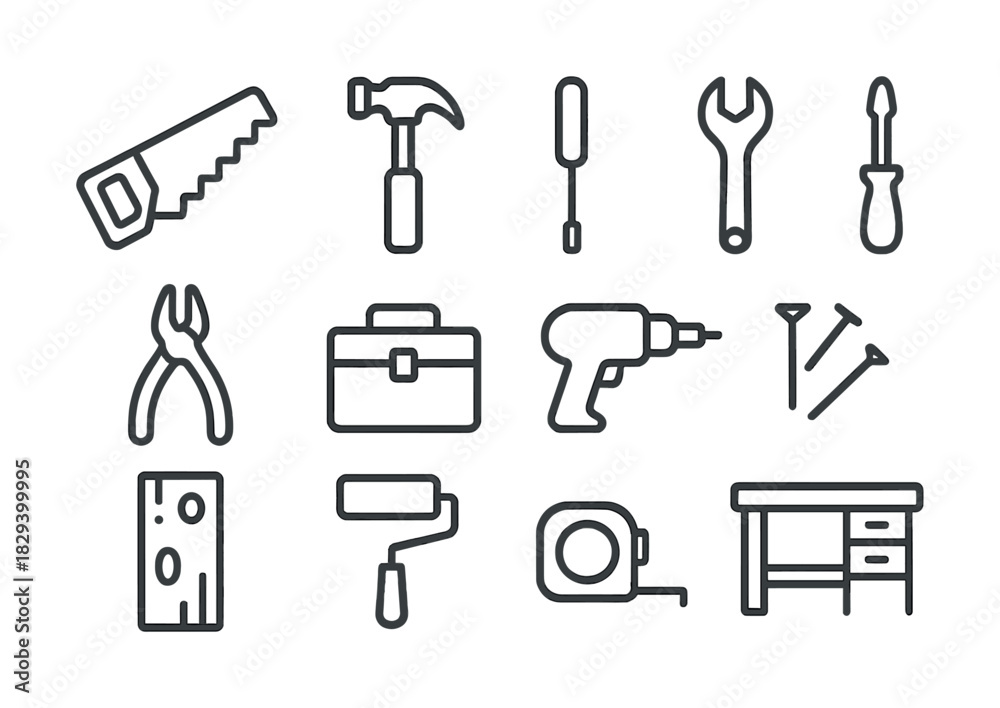 Obraz premium Assorted tools line icons set: hammer, saw, wrench, drill, toolbox, workbench