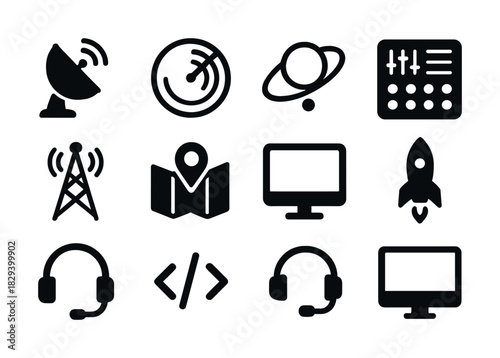 Communication and technology icons: satellite, antenna, map, computer, rocket, headset