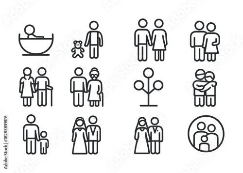 Set of family and relationship icons depicting various human bonds and stages of life