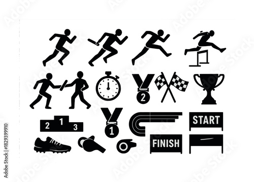 Track and field icons set: running, hurdles, relay, stopwatch, medals, and trophies