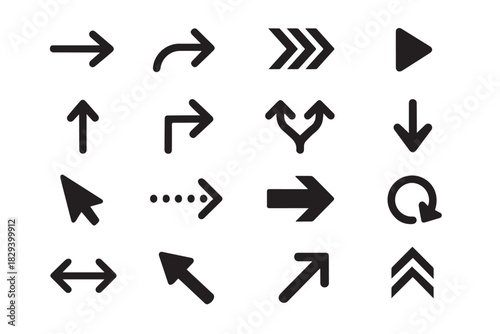 A Versatile Set of Bold Directional Arrow Icons Featuring Multiple Styles, Movement Indicators, Navigation Symbols, and Graphic Elements for Digital Interfaces and Design Applications