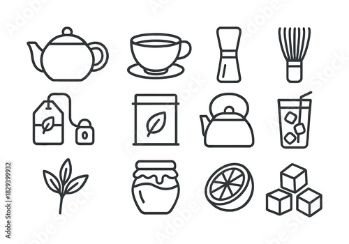 Tea set icons: teapots, cups, tea bags, sugar cubes, tea whisks, leaves