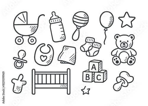 Baby essentials collection: toys, bottle, pacifier, crib, blocks, teddy, bib, socks