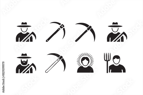 Farming labor icons for pickaxe tools, field work, and rural agriculture tasks