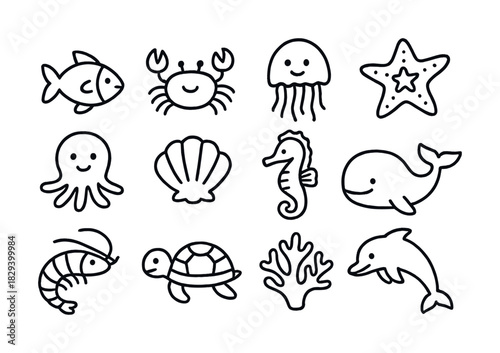 Simple black and white sea creature doodles with various marine animals