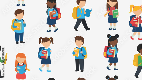 Seamless Pattern School Kids with Backpacks and Books for Back to School Designs