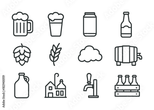 Beer brewing icons set: mug, bottle, can, hops, wheat, barrel, tap