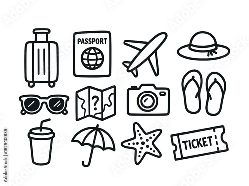 Travel icons: luggage, passport, airplane, camera, beach essentials, and more