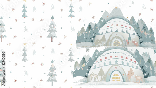 Charming winter scene with snow-covered trees, igloos, reindeer, snowflakes, and mountains for holiday projects