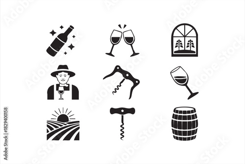 Wine and vineyard icons for bottles, glasses, barrels, corkscrews, and grape fields