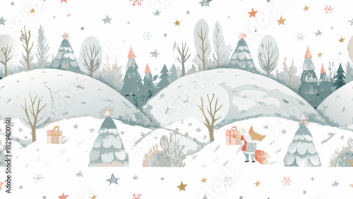Charming winter wonderland landscape with snow covered hills, trees, snowflakes and cute fox character design