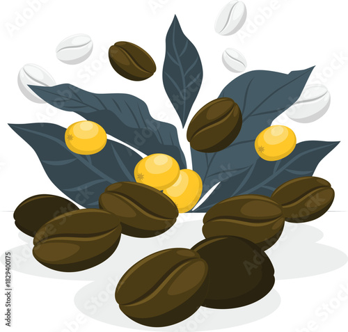 A vibrant vector illustration showcasing a variety of fresh and roasted coffee beans with lush green leaves