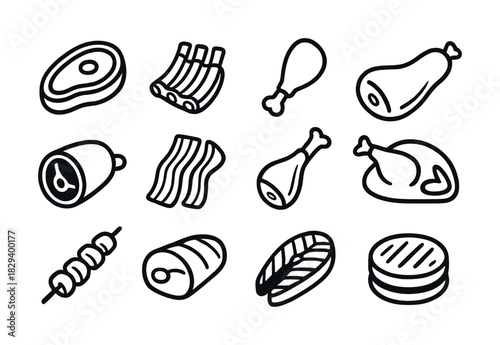 Hand-drawn meat icons collection: steak, chicken, bacon, sushi, sausage, ribs