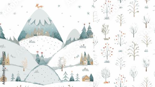 Charming winter wonderland scene with snow covered mountains, trees and houses evokes holiday magic and cheer