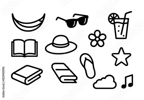 Summer icons set: sunglasses, beach hat, flip-flops, cocktail, books, and more