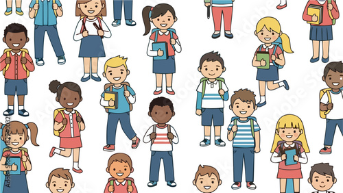 Back to School Seamless Pattern with Diverse Cartoon Children for Educational Designs