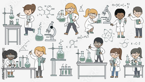 Diverse Kids in Science Cartoon Vector Illustration of Young Scientists in Lab Coats