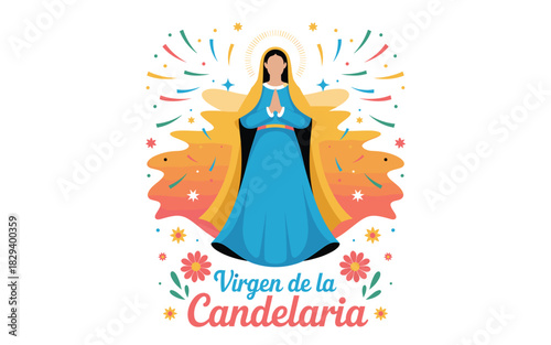 Celebration of Virgen de la Candelaria: Festive Vector Illustration of the Virgin Mary with Flowers, Confetti, and Holiday Decorations, a Cultural and Religious Symbol.