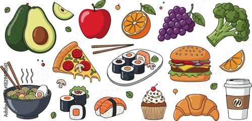 Food icon set of vegetables fruits and assorted meal illustrations