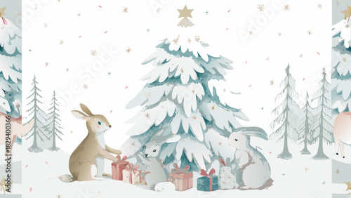 Adorable woodland animals celebrating winter holidays with gifts and snowy Christmas tree in whimsical scene