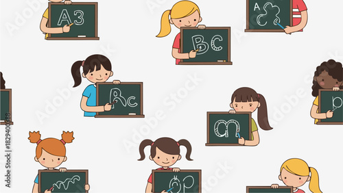 Cute Cartoon Kids Holding Chalkboards with Letters ABC learning for Children Back to School Concept