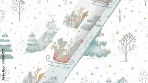 Enchanting winter wonderland with cute rabbits in sleighs and snowy trees for festive holiday decor design