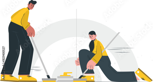 Curling sport illustration with two people sweeping and delivering the stone