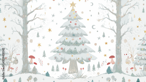 Enchanting winter wonderland with delicate trees, stars, and festive Christmas tree, perfect for holiday charm