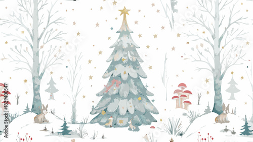 Enchanting winter forest scene with decorated Christmas tree and woodland creatures, holiday magic and festive cheer