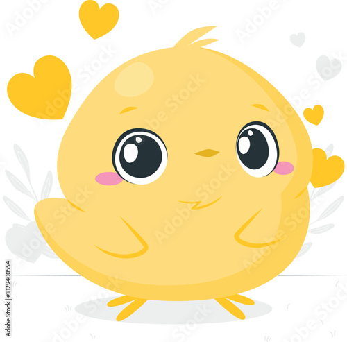 Sweet and adorable cartoon yellow chick illustration with big innocent eyes, surrounded by gently floating hearts, embodying pure joy and affection