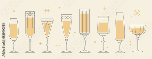 Set of line art retro cocktails or champaghe glasses. Vector illustration