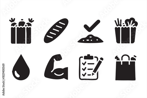 Food nutrition solid icons for bread, carrots, season checks, and grocery bags