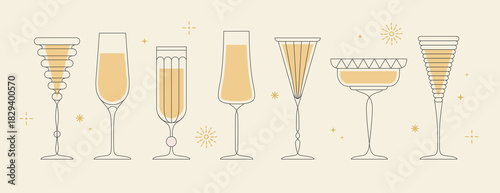Set of line art retro cocktails or champaghe glasses. Vector illustration