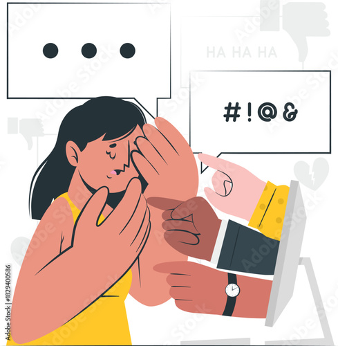 Cyberbullying illustration depicting online harassment, negativity, and the impact on mental health and well-being