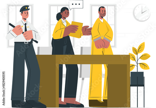 Attorney consults handcuffed suspect in custody with watchful police officer