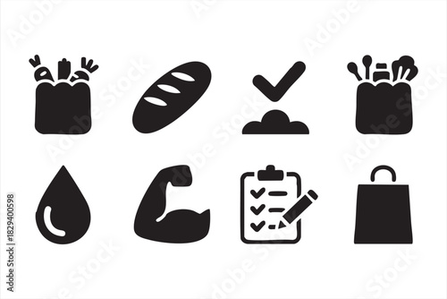 Healthy eating icons for produce, bread, hydration, strength, and shopping visuals