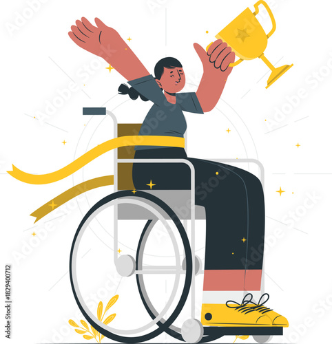 Empowered individual in a wheelchair celebrates a triumphant victory, proudly holding a golden trophy, symbolizing personal achievement, resilience, and success despite challenges