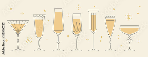 Set of line art retro cocktails or champaghe glasses. Vector illustration