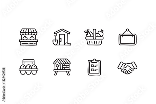 Farmers market icons for produce stands, egg cartons, baskets, and local food deals